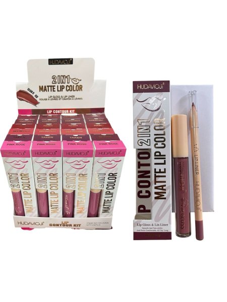 مجموعة قلم جلوس + تخطيط HUDAVIOJI 2 in 1 Matte Lip Color